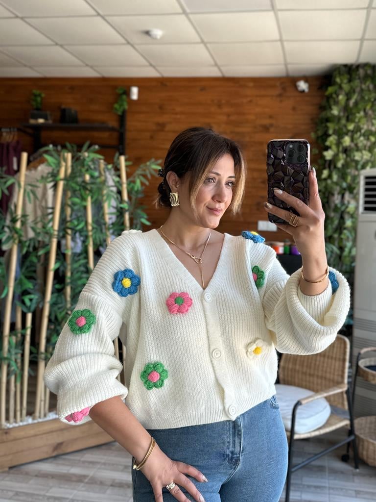 Robin Çiçek İşlemeli Triko Hırka Ekru