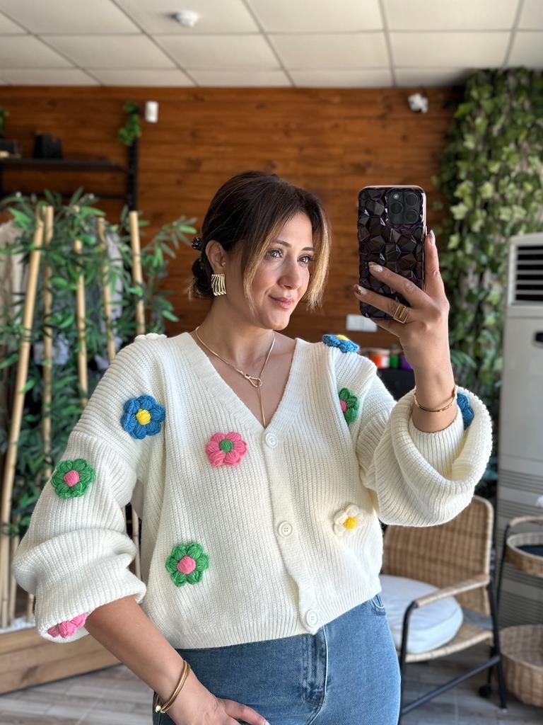 Robin Çiçek İşlemeli Triko Hırka Ekru