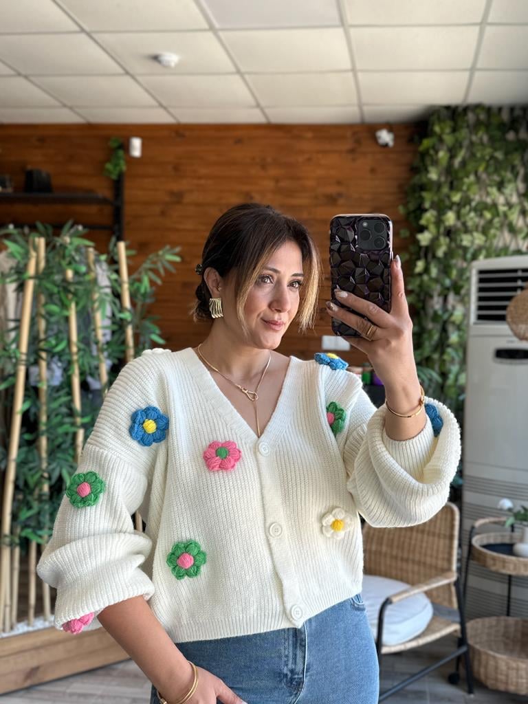 Robin Çiçek İşlemeli Triko Hırka Ekru