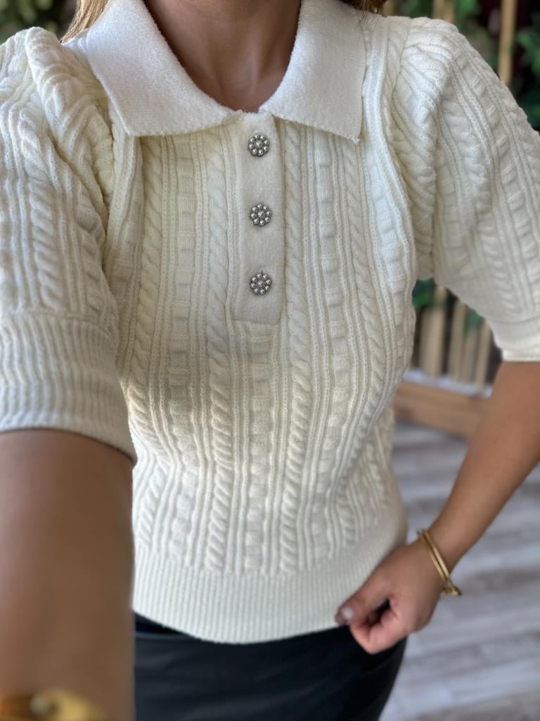 Robin Polo Yaka Düğmeli Örme Triko Kazak Krem