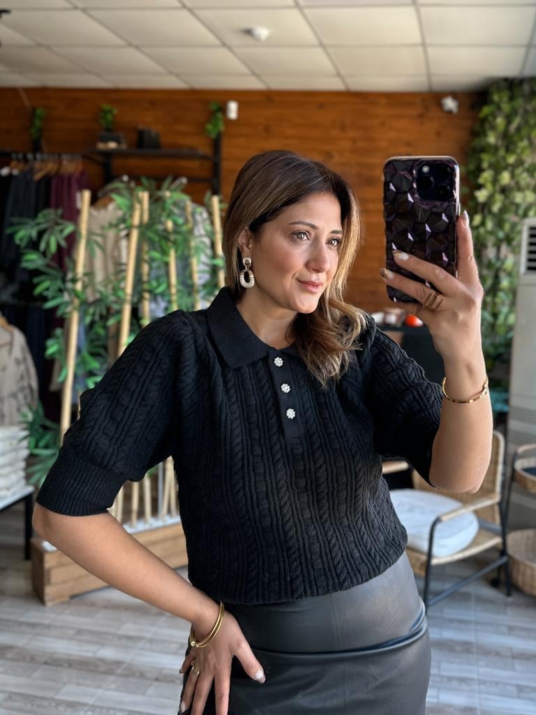 Robin Polo Yaka Düğmeli Örme Triko Kazak Siyah