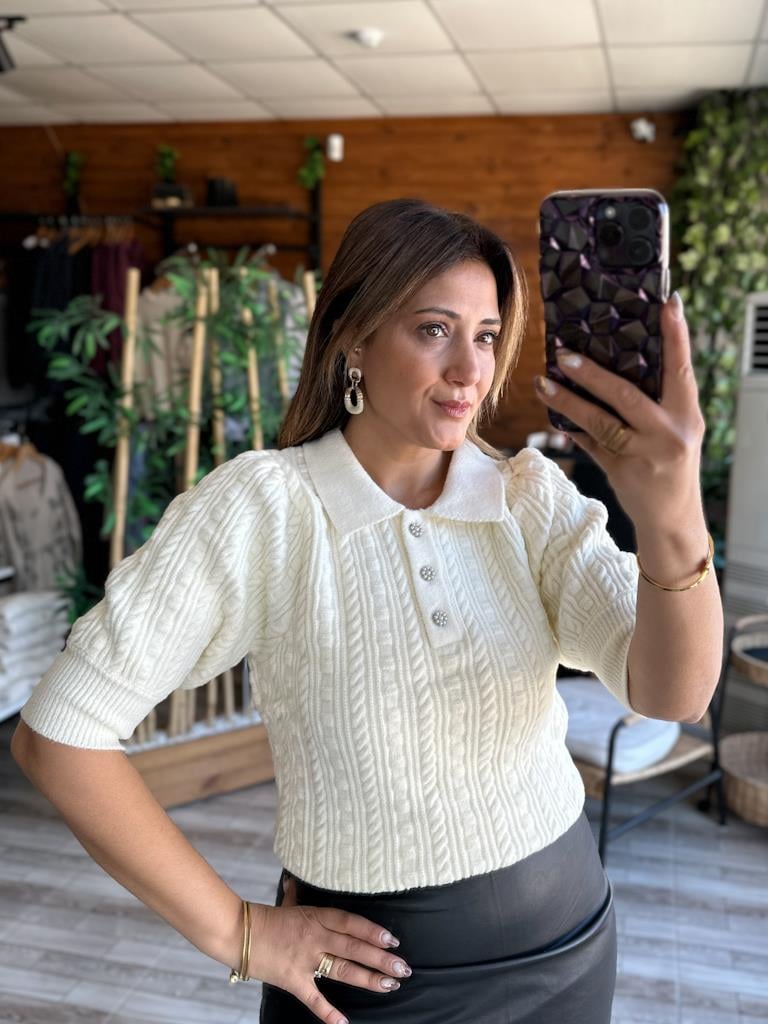 Robin Polo Yaka Düğmeli Örme Triko Kazak Krem