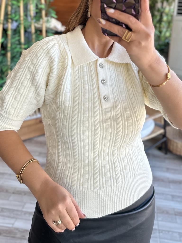 Robin Polo Yaka Düğmeli Örme Triko Kazak Krem