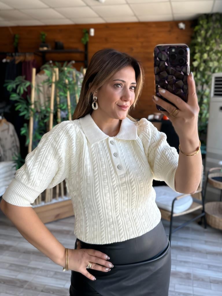 Robin Polo Yaka Düğmeli Örme Triko Kazak Krem