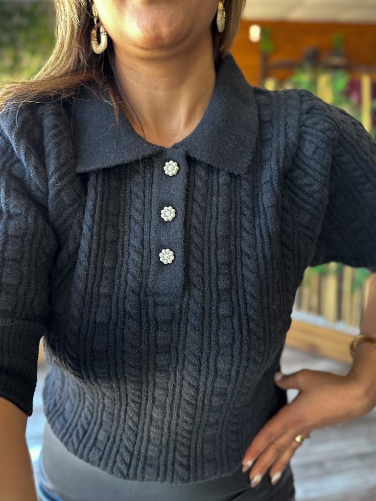 Robin Polo Yaka Düğmeli Örme Triko Kazak Siyah