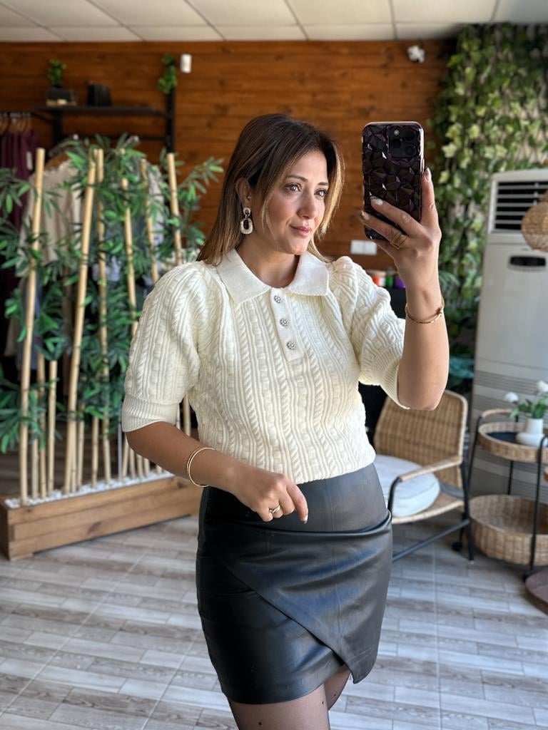 Robin Polo Yaka Düğmeli Örme Triko Kazak Krem