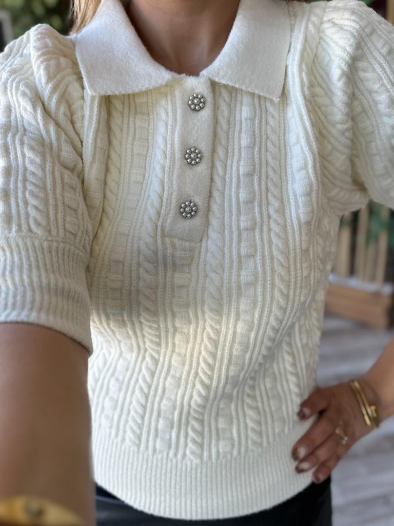 Robin Polo Yaka Düğmeli Örme Triko Kazak Krem