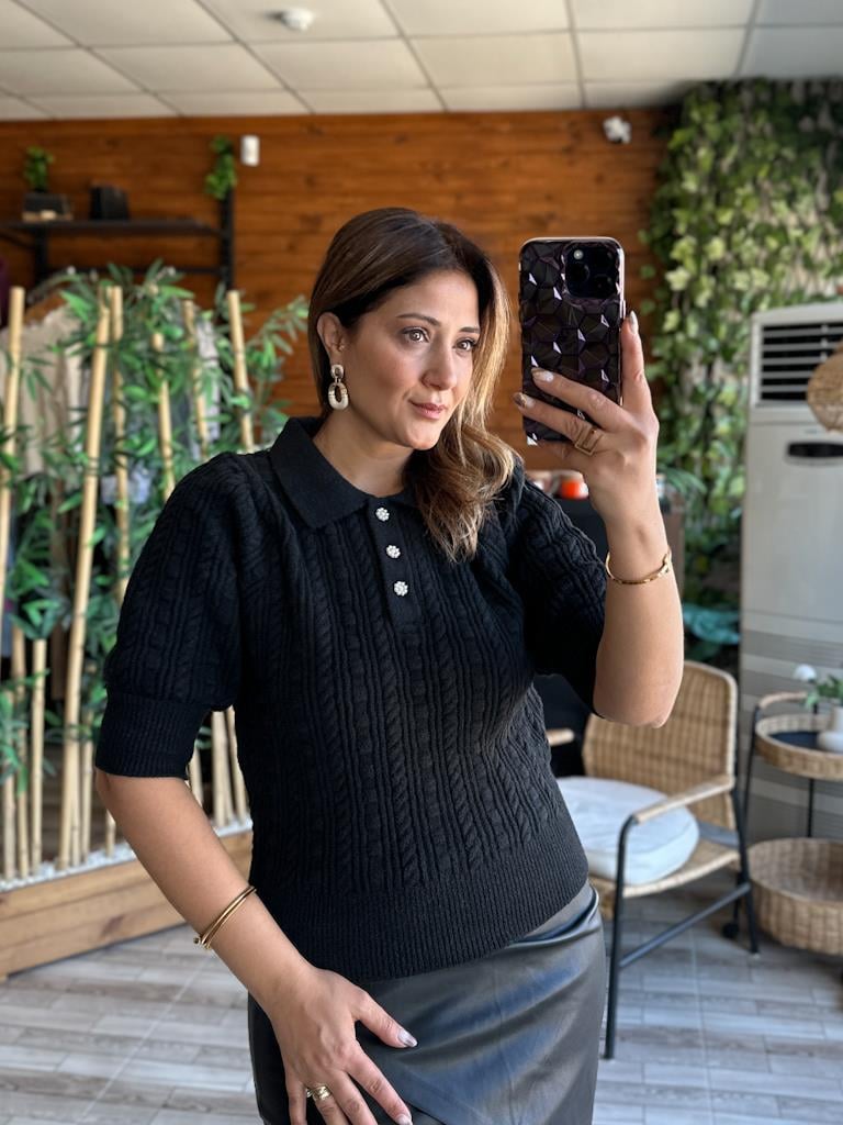 Robin Polo Yaka Düğmeli Örme Triko Kazak Siyah