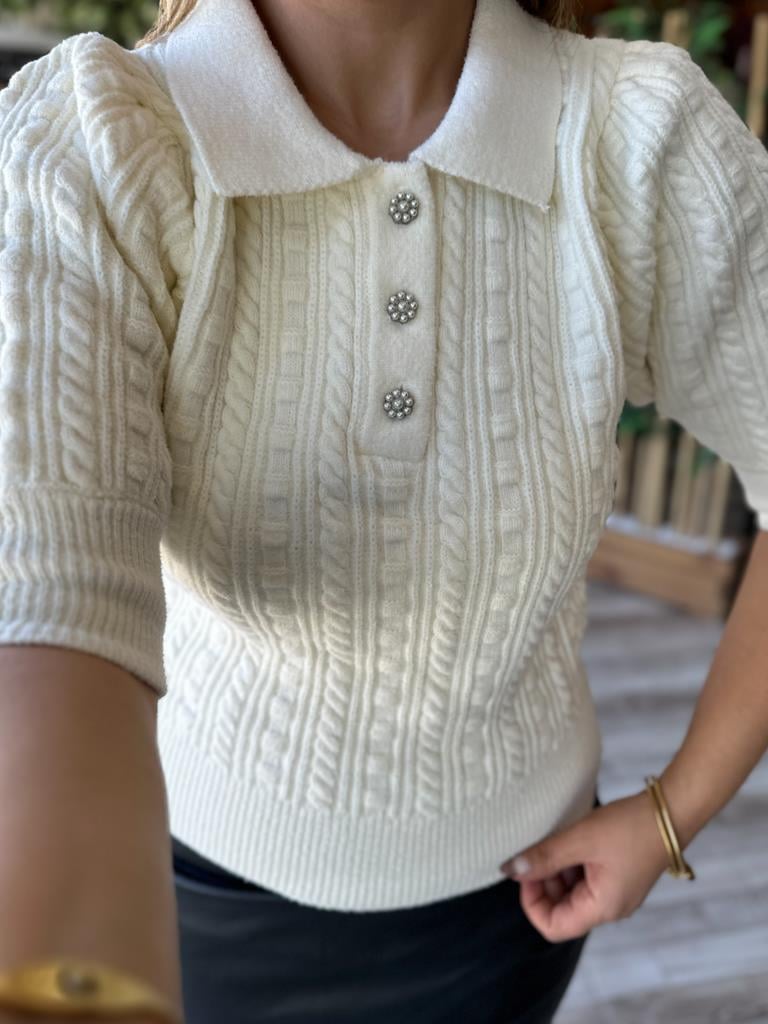 Robin Polo Yaka Düğmeli Örme Triko Kazak Krem