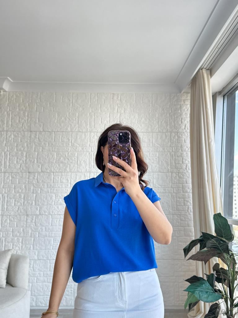 Saks Mavi Özel Üretim İthal Aerobin Yaka Patlı Gömlek