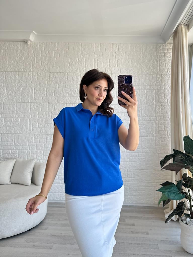 Saks Mavi Özel Üretim İthal Aerobin Yaka Patlı Gömlek