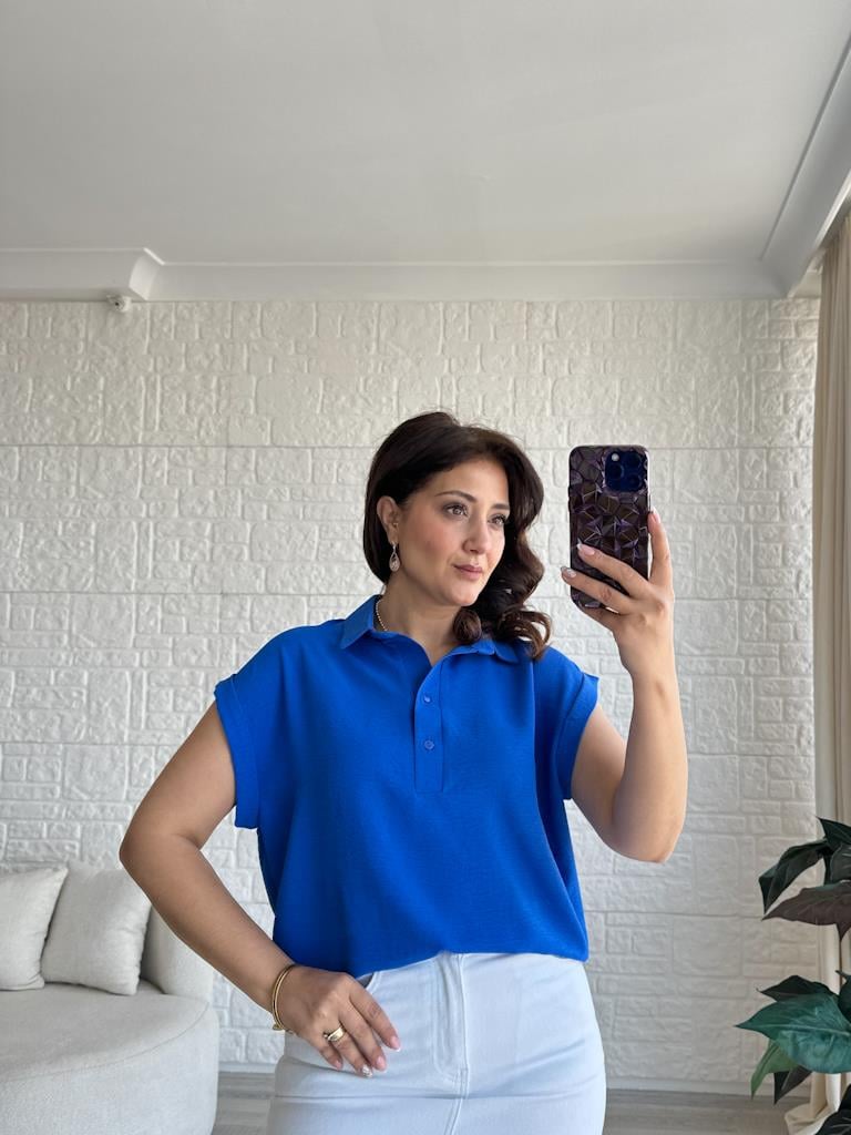 Saks Mavi Özel Üretim İthal Aerobin Yaka Patlı Gömlek