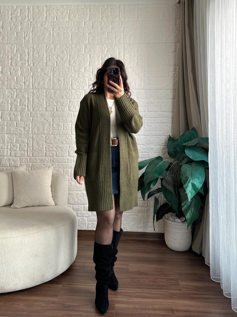 Salaş Örme Hırka Haki Yeşil