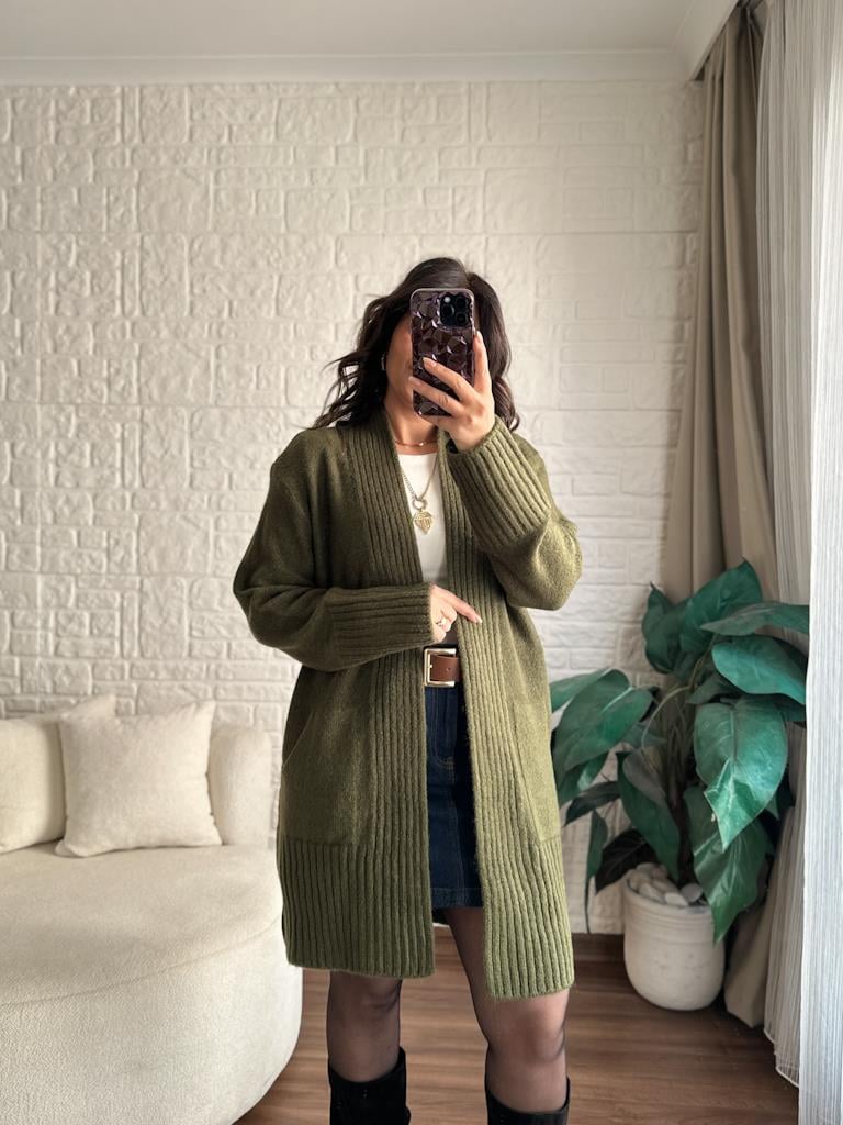 Salaş Örme Hırka Haki Yeşil