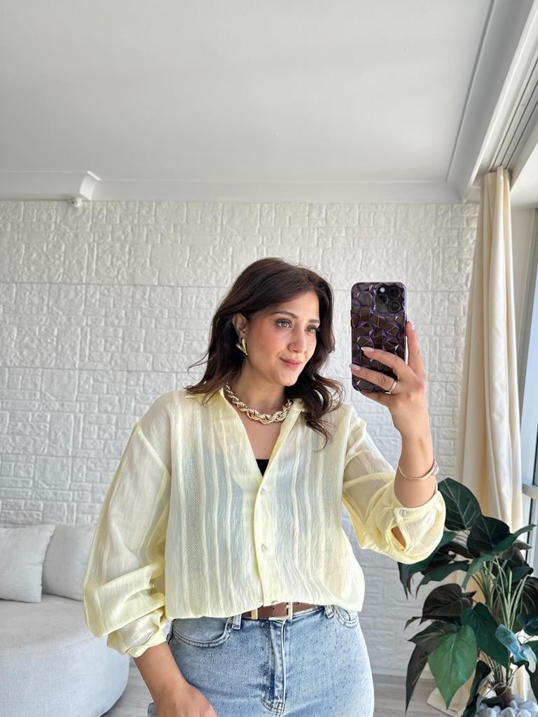 Sarı Jakar Transparan Gömlek