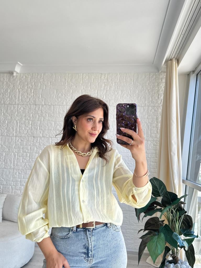 Sarı Jakar Transparan Gömlek