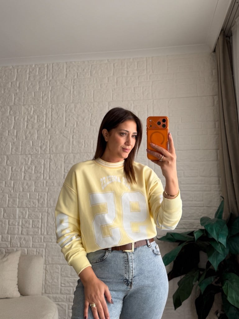 Sarı Los Angeles Baskılı İki İplik Pamuk Crop Sweat