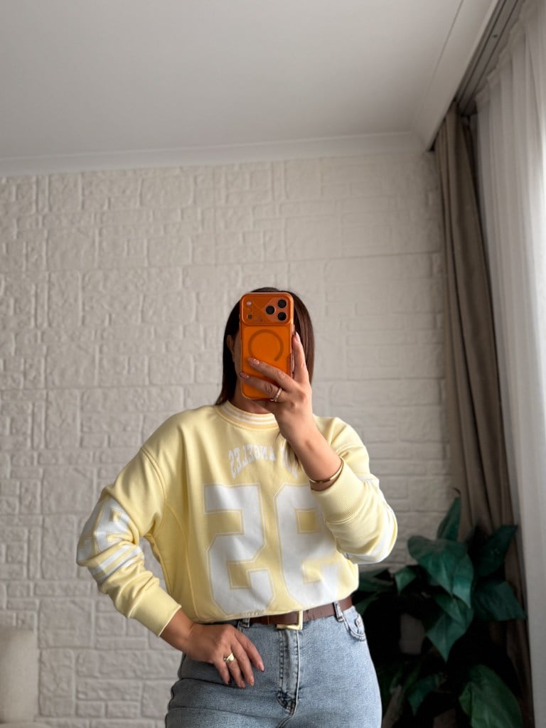 Sarı Los Angeles Baskılı İki İplik Pamuk Crop Sweat