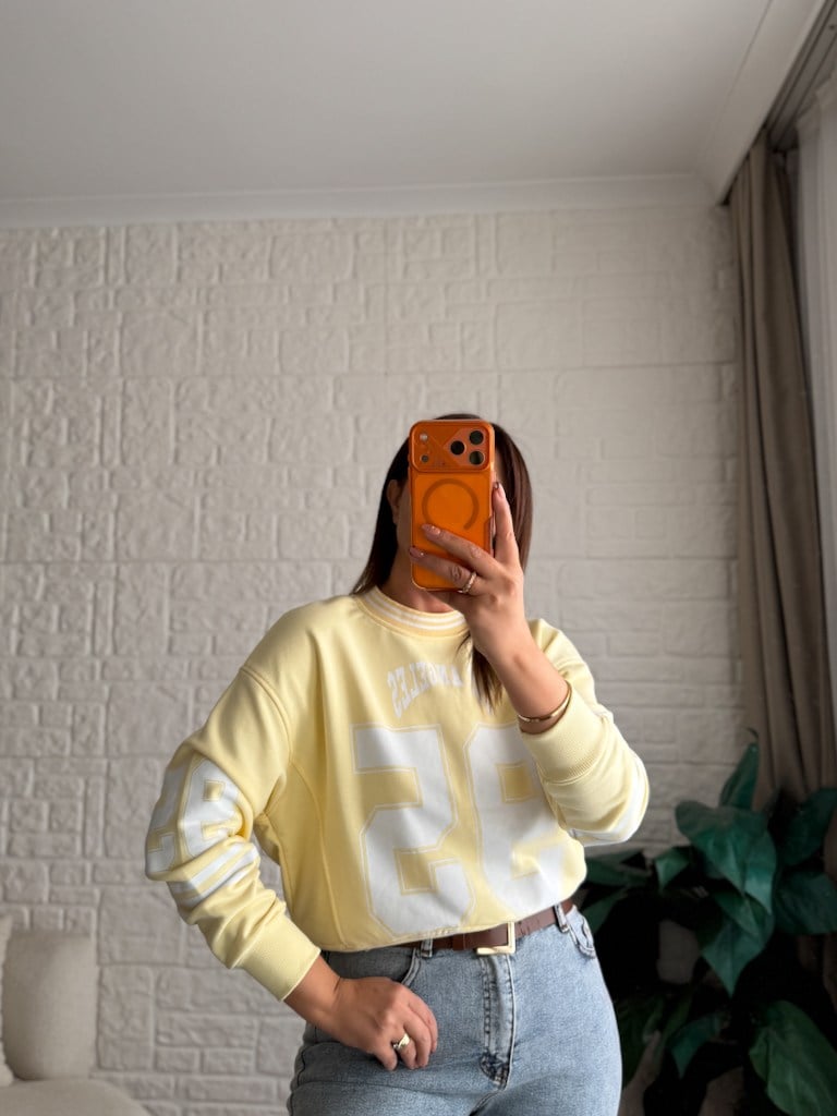 Sarı Los Angeles Baskılı İki İplik Pamuk Crop Sweat
