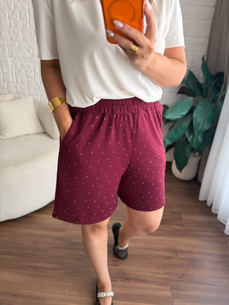 Serpme Taş Detaylı Modal Şort Bordo
