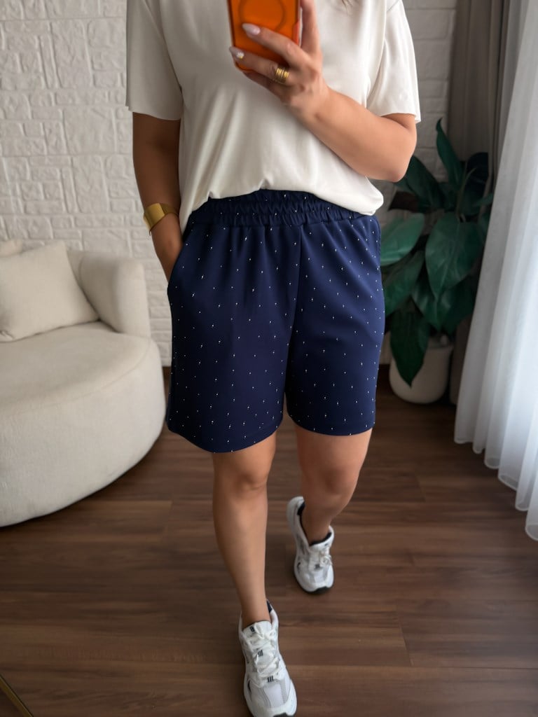 Serpme Taş Detaylı Modal Şort Lacivert