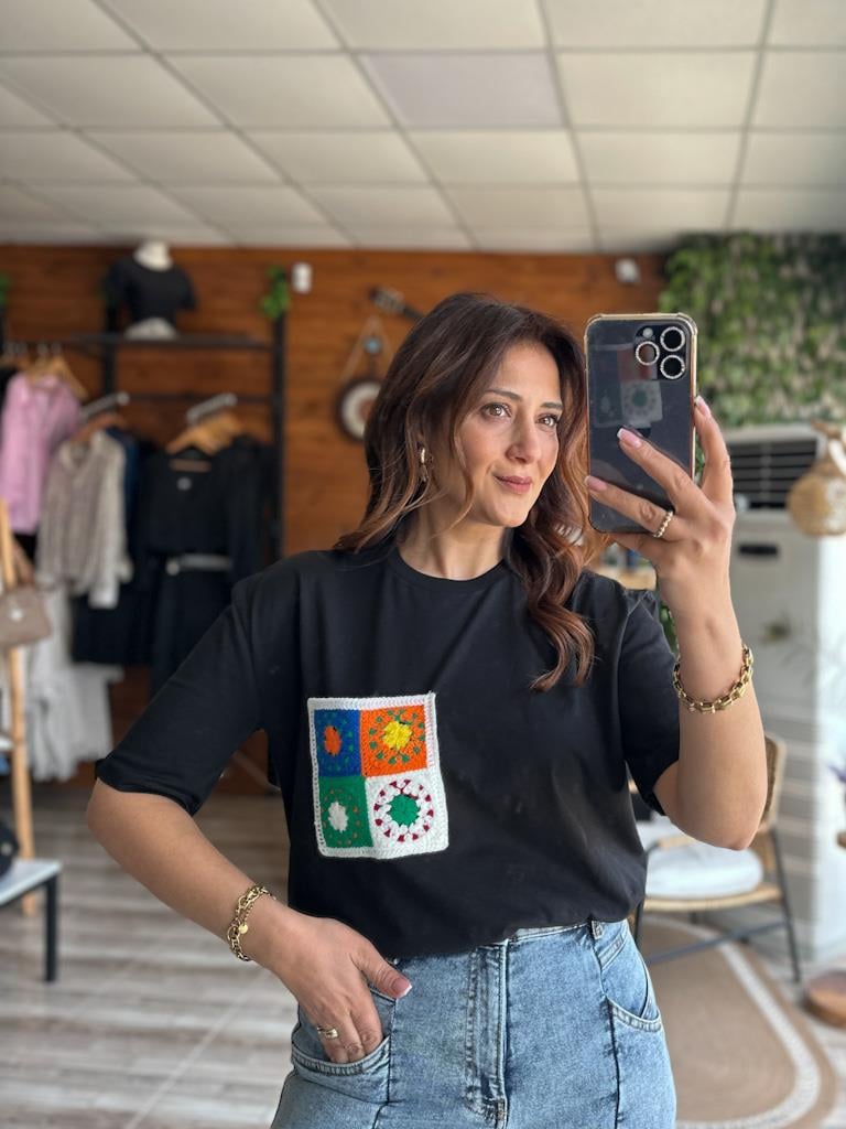 Sıfır Yaka Cep  Örme Detay Basic Tişört Siyah