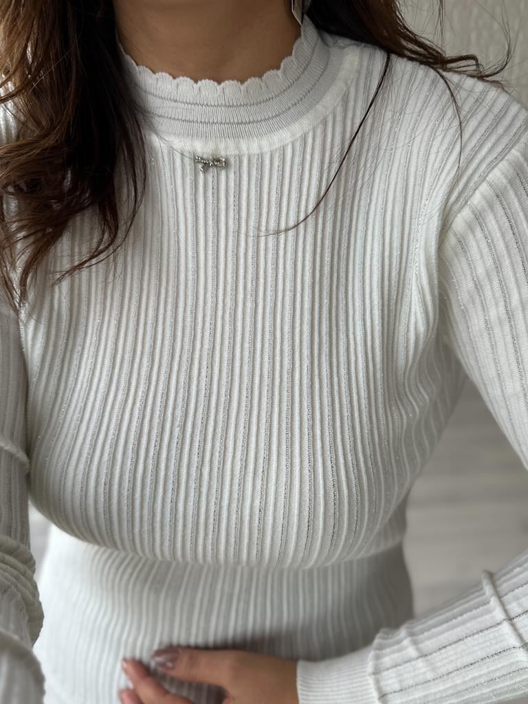 Sim Şerit Detay Triko Bluz Beyaz