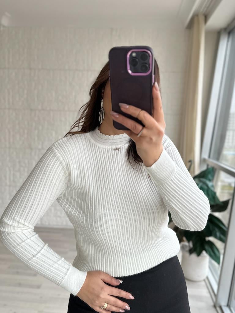 Sim Şerit Detay Triko Bluz Beyaz