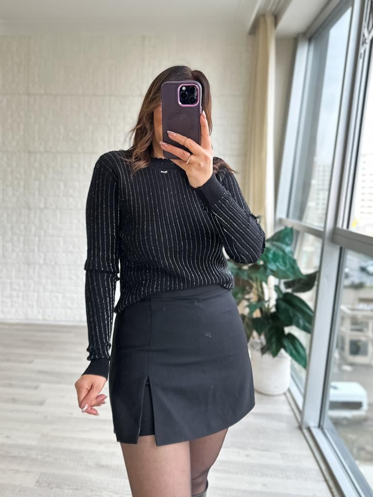 Sim Şerit Detay Triko Bluz Siyah