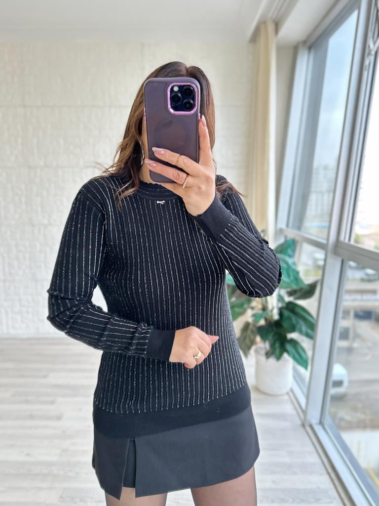 Sim Şerit Detay Triko Bluz Siyah