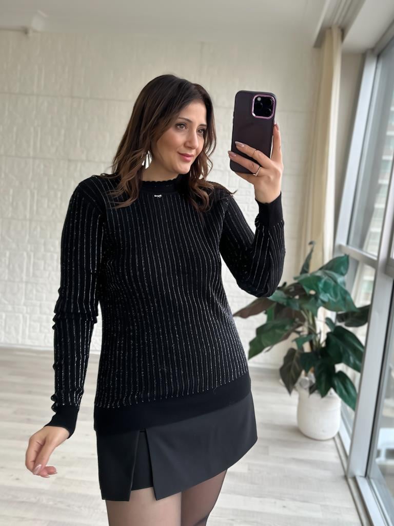 Sim Şerit Detay Triko Bluz Siyah