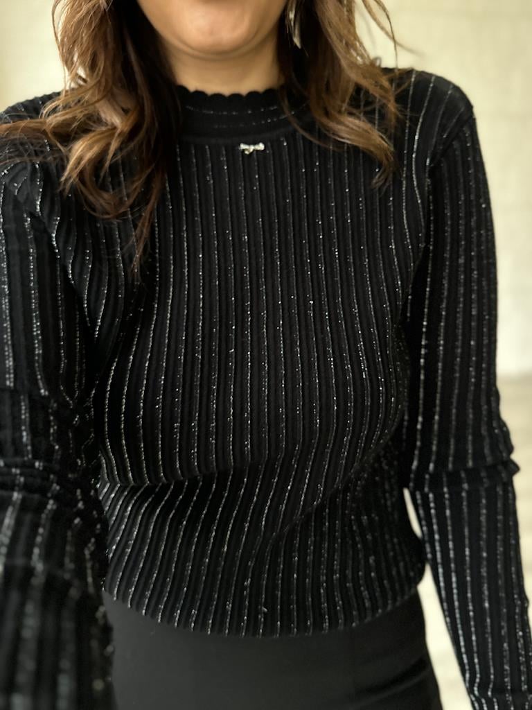 Sim Şerit Detay Triko Bluz Siyah