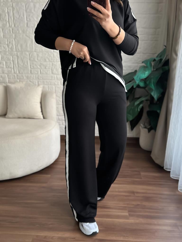 Siyah Beyaz Ribana Şeritli Modal Takım