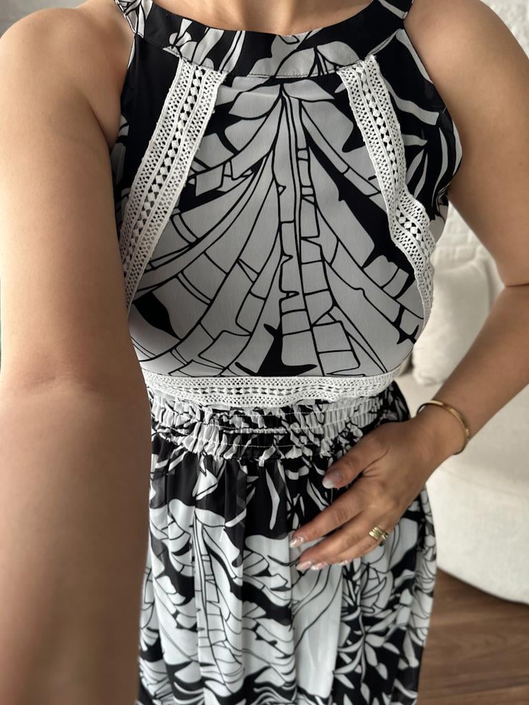 Siyah Desenli Halter Yaka Şifon Elbise