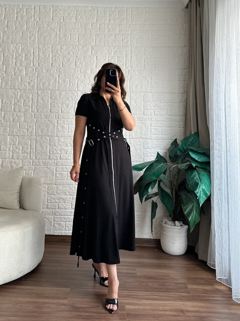 Siyah Fermuarlı Kuşgözü Model Modal Elbise