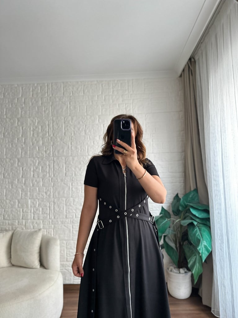 Siyah Fermuarlı Kuşgözü Model Modal Elbise