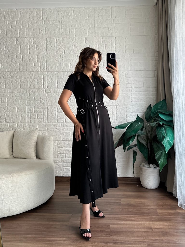 Siyah Fermuarlı Kuşgözü Model Modal Elbise