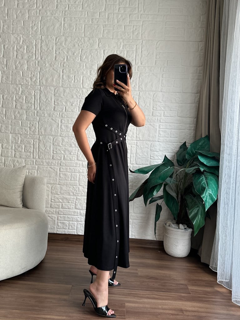 Siyah Fermuarlı Kuşgözü Model Modal Elbise