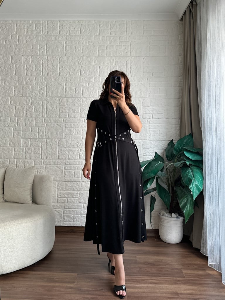 Siyah Fermuarlı Kuşgözü Model Modal Elbise