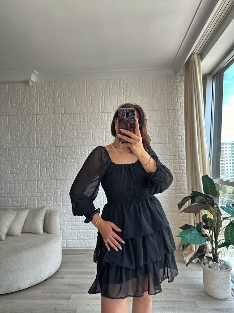 Siyah Kat Kat Şifon Elbise
