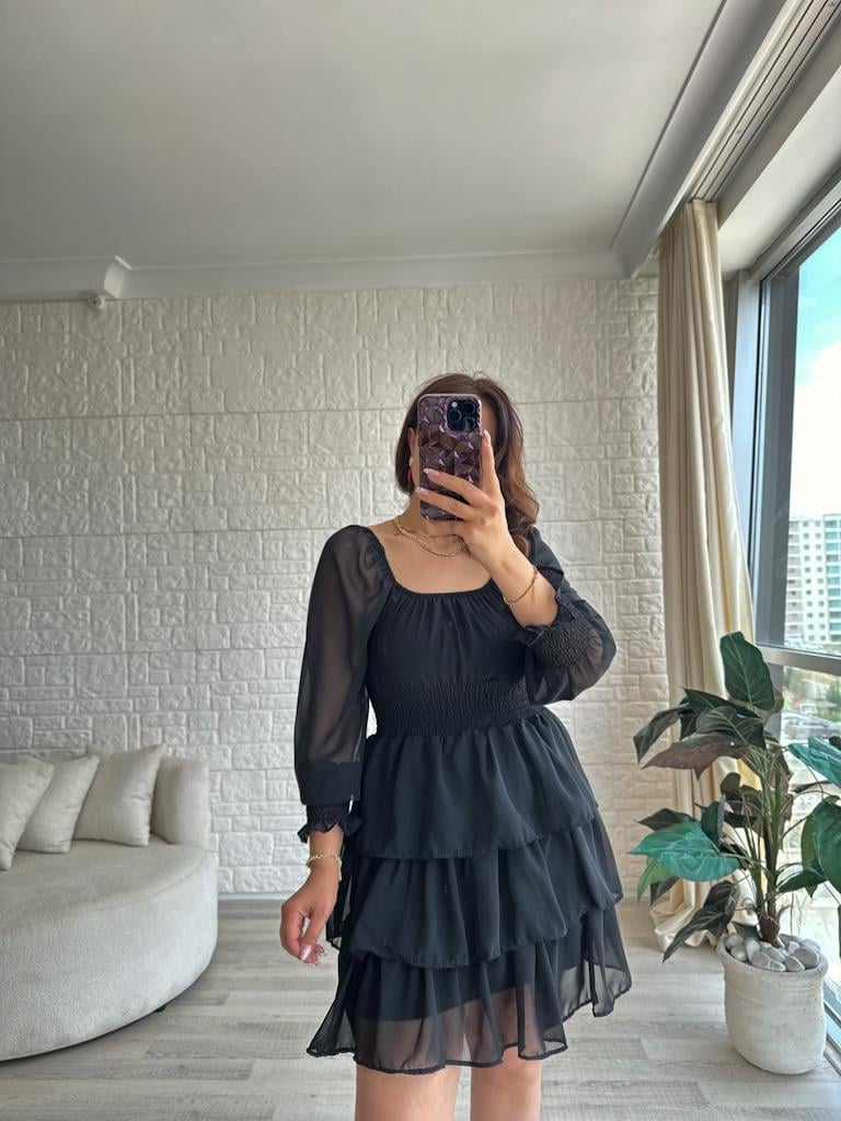 Siyah Kat Kat Şifon Elbise