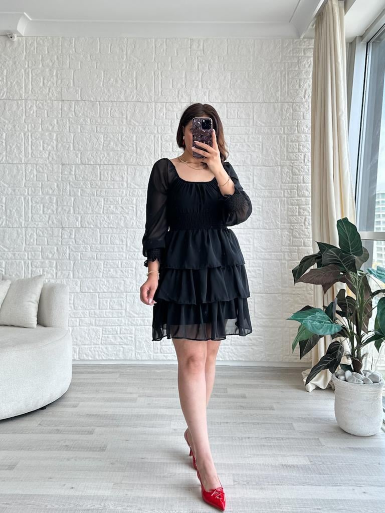 Siyah Kat Kat Şifon Elbise