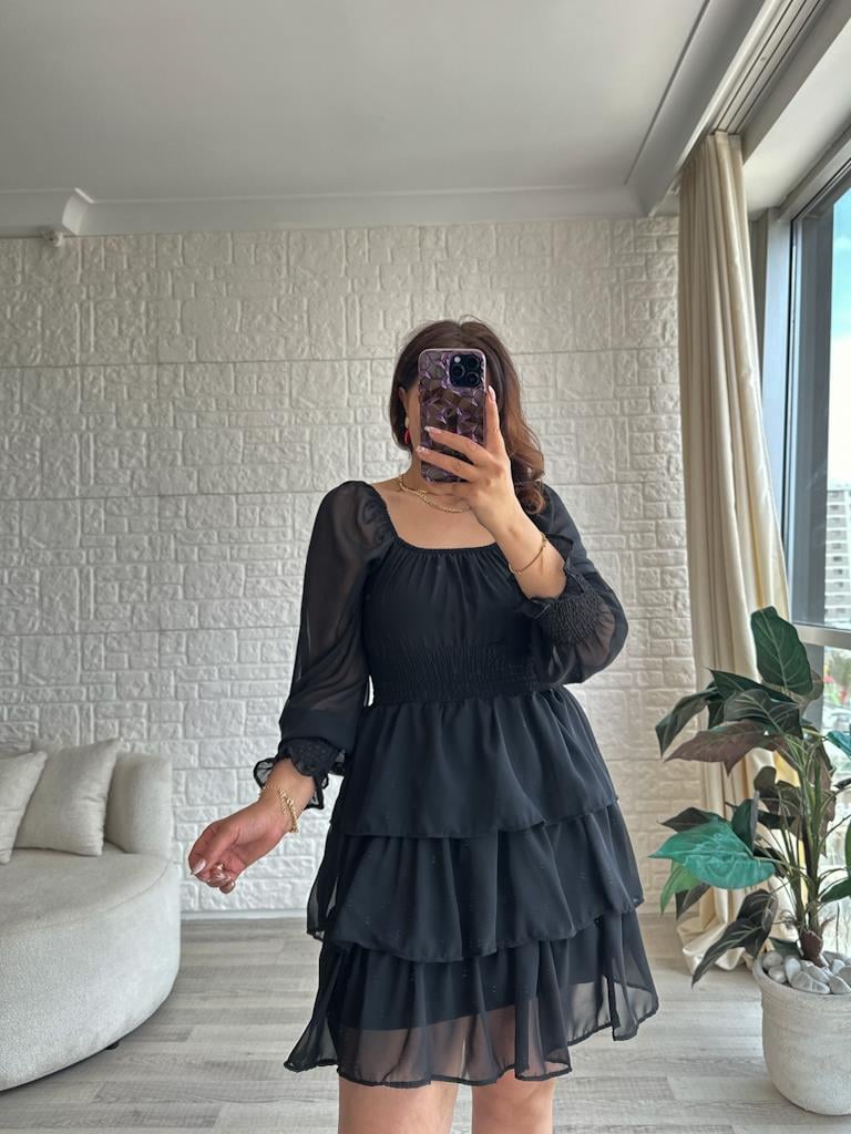 Siyah Kat Kat Şifon Elbise