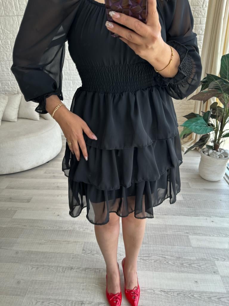 Siyah Kat Kat Şifon Elbise