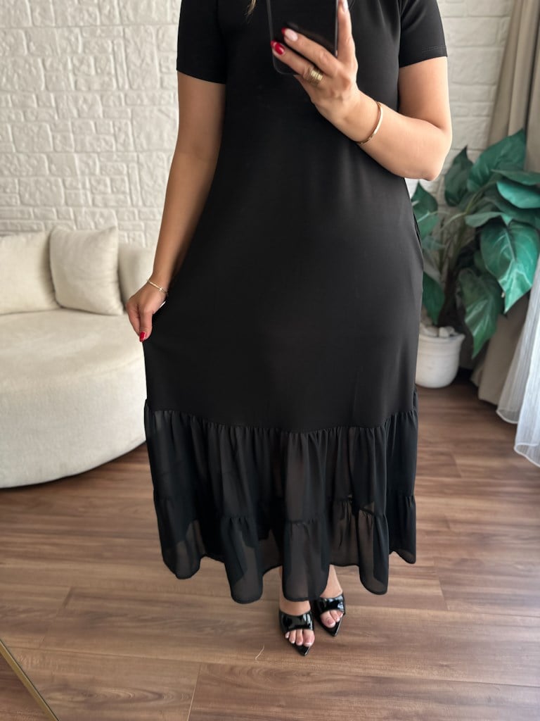 Siyah Modal Kemer Detaylı Şifon Garnili Elbise