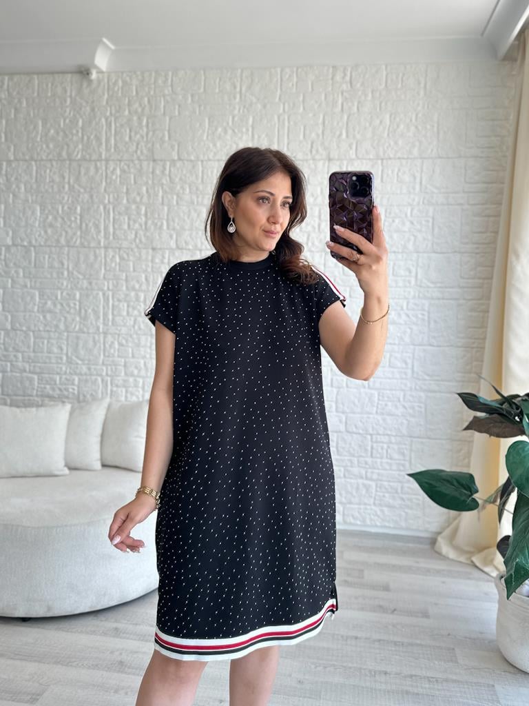 Siyah Modal Taşlı Şeritli Elbise