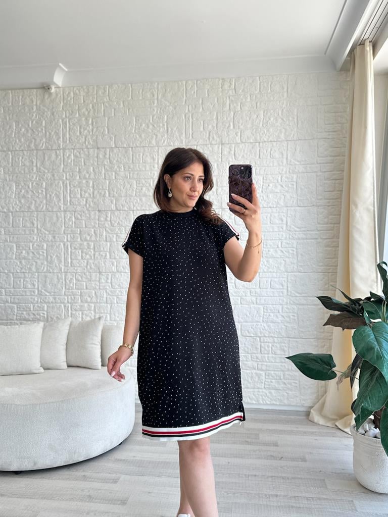 Siyah Modal Taşlı Şeritli Elbise