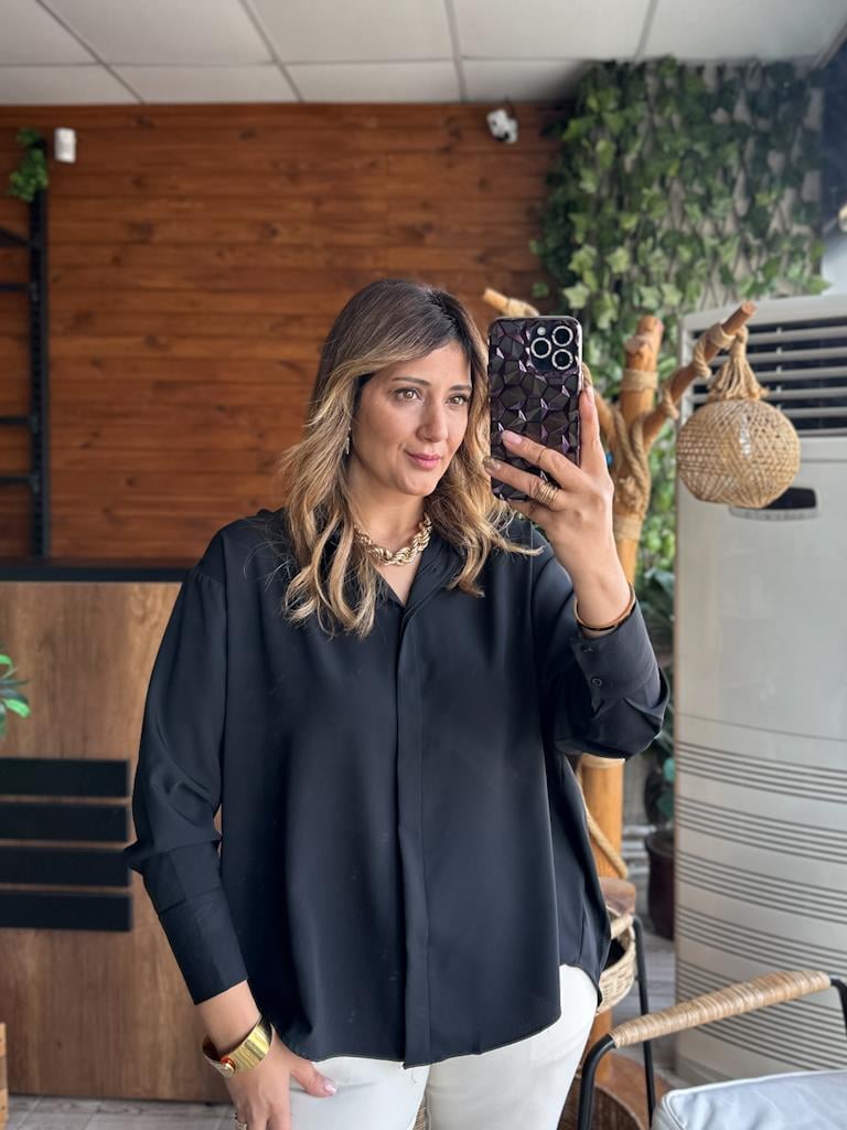 Siyah Over Size İpek Krep Gömlek