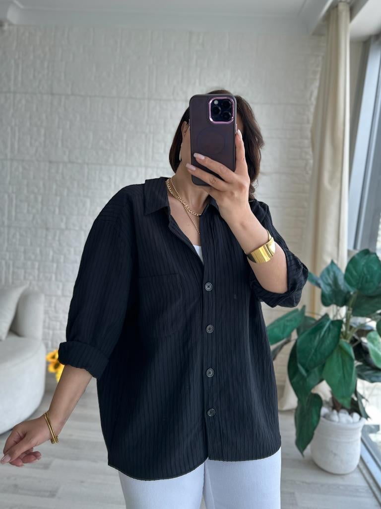 Siyah Panç Çizgili Oversize Gömlek