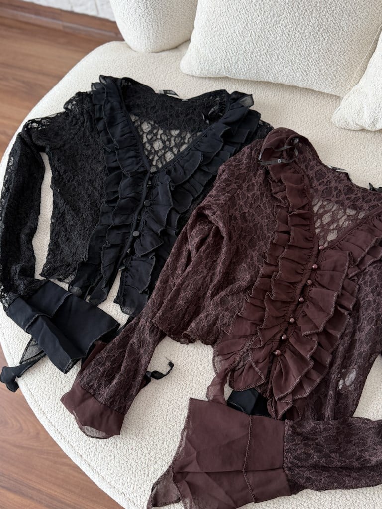 Siyah V Yaka Tül Fırfırlı Dantel Kısa Bluz